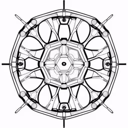 a black and white drawing of a circular object,a stylized image of a circle, made out of spoke wheels,a drawing of a wheel that is on a table,an ink drawing depicting a circular object,a drawing of an object that is shaped like a circle