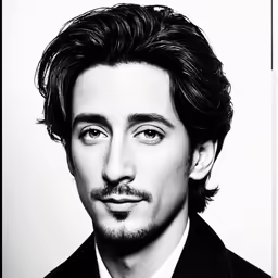 black and white image of man in a suit posing for photo