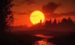 a sunset is shown in the background and with trees in the foreground
