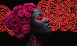 a woman with pink flowers on her head
