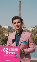 a man wearing a pink suit is holding a pink sign
