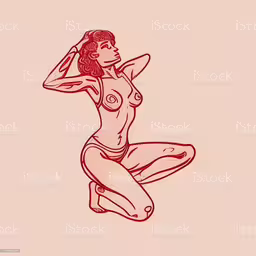 a nude woman sitting in the air with her arm raised above her head,an artistic illustration of a nude woman jumping up in the air