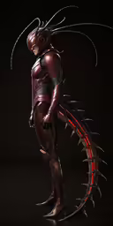 there is a red alien standing in the dark