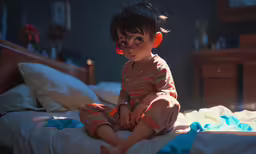an animated doll sitting on a bed in the bedroom