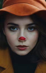 a young woman wearing an orange coat and clown nose