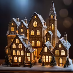 lighted up village set on table at night