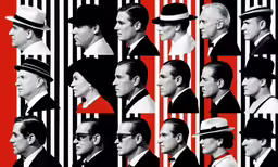 the faces and shoulders of men in hats on a red background