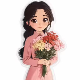 an illustrated character is holding a bunch of flowers