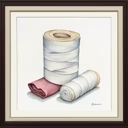 an artistic artwork piece showing a roll of yarn and roller,a painting depicting a roll of thread next to a roller