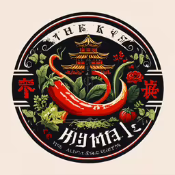 the logo for he kr yse, which is an oriental restaurant,an asian - styled seal with a bell pepper and flowers