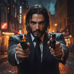 a man holding two guns on a city street
