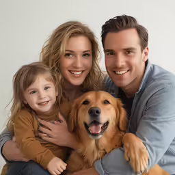 a man holding a young girl sitting next to her next to a dog