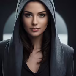 a woman with long dark hair and hooded over her head