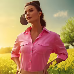 a woman is standing in a flower field wearing a pink shirt