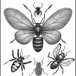 the four bees and a bee beetle,three different types of bee in black and white