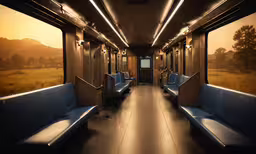 the empty car has benches in it and wall paper behind them,an empty bus with blue benches on both sides