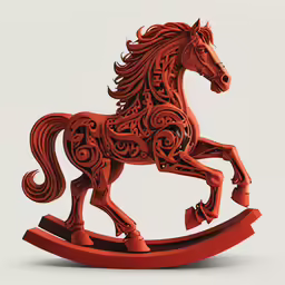 a red horse sculpture standing on top of a wooden stand