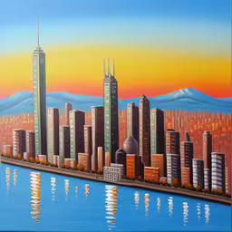 a painting of buildings on a city by a river,the painting shows the skyline with the mountain range in the background,a painting of a city with skyscrapers on a body of water,a painting of two big city buildings by the water,a painting on the wall in a large room