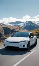 a white car drives down the road in the middle of mountains