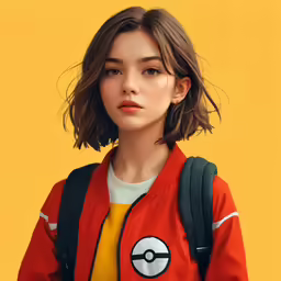 a woman in a red jacket standing with a back pack on her shoulders
