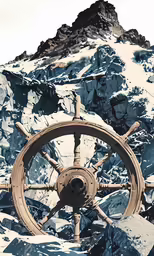 a large ship steering wheel sitting on top of a mountain