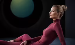 a woman sitting on the floor wearing a red outfit