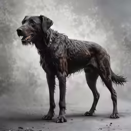 a wet dog standing in a gray room