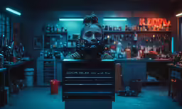 person wearing gas mask over chest in kitchen