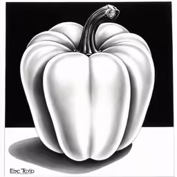 drawing white bell peppers by eric kemp, with black background