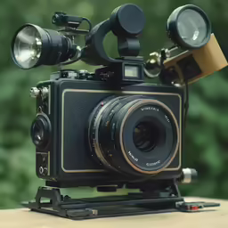 a black camera with two spotlights on top of it