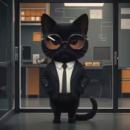 a black cat wearing glasses and wearing a black suit