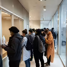 several people standing outside the building looking at something