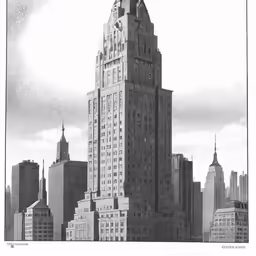 a very tall building with many windows near other buildings