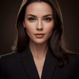 a woman with long brown hair is wearing a black suit