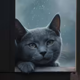 a cat looks out of the window on an rainy day