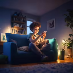 a small boy sitting on a blue couch playing on a cell phone