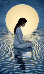 a woman sitting in a body of water with her hands together