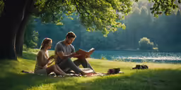 two people sitting on the grass and reading books