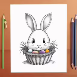drawing easter egg, with the image of a bunny in a basket,a card of a bunny with a basket of eggs