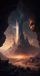 a castle tower is shown at night with a person standing on the other side