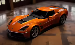 an orange sports car is parked in a garage