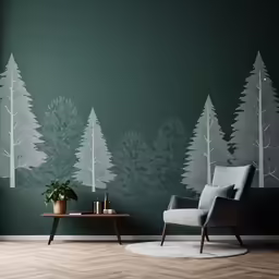 a chair and table sitting in front of wallpaper