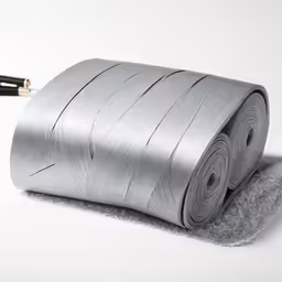 a roll of thread sitting next to some fabric