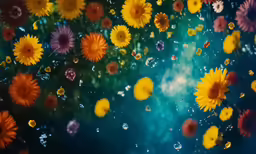 some red, orange, yellow, and white flowers are in the water
