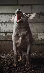 a close up of a dog with his mouth open