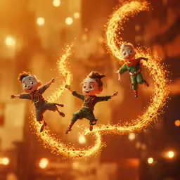 four cartoon characters leaping in the air with fire