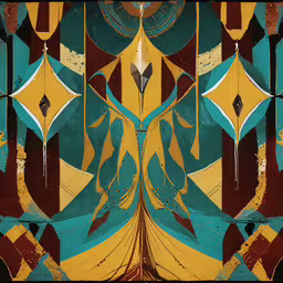 a stylized abstract painting with various colors and designs,art nouveau - inspired pattern with abstract shapes and lines