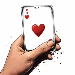 a person holding a card in their hand with two hearts painted on the screen