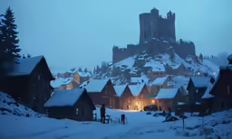 a snowy night shows a castle and many houses