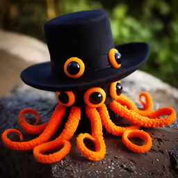 an octopus with a hat on a rock